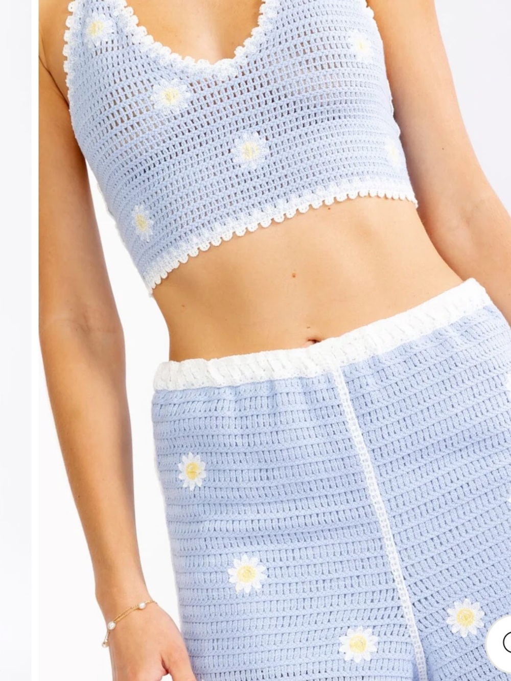 Boho NWT blue Crochet Daisy Halter Crop Top and Shorts Set size S/M - M/L - Picture 3 of 4